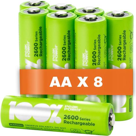 Piles rechargeables AA Lot de 8 - Batteries 1,2V - 100%Peakpower