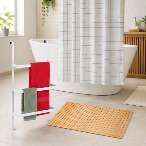 Juego de renovacion para el cuarto de bano a cuadros 3 piezas cortina de ducha de pvc toallero de puerta y alfombrilla de bano de bambu 227000272 227000272 (1/5)
