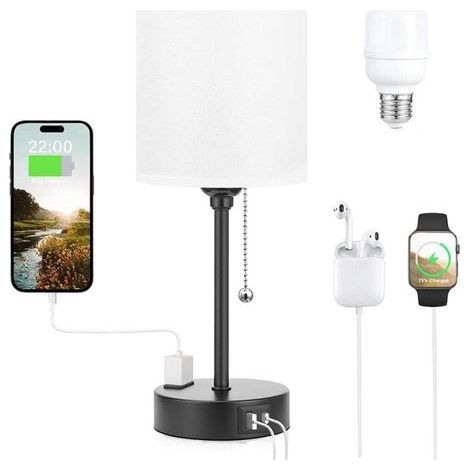 Lámparas de mesa con 3 temperaturas de color - 2700K 3500K 5000K Lámparas de noche con puertos USB C y A, lámparas de cadena para dormitorios con enchufe, lámparas de noche con base de metal (1/5)