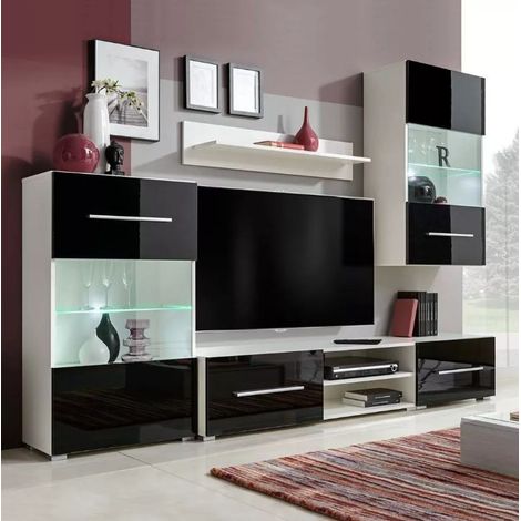 Meuble TV à LED 5 pièces bois noir et blanc Glamourous (1/4)