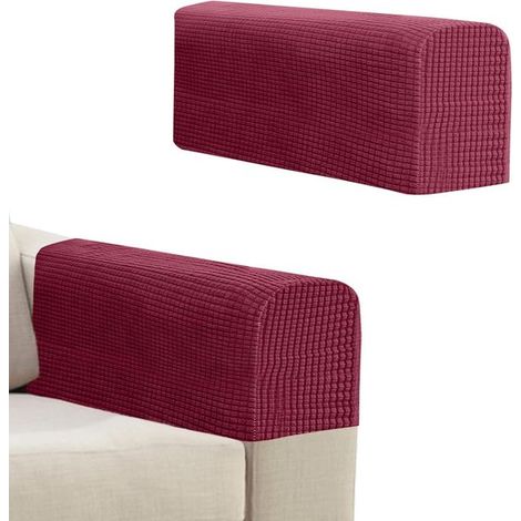 Fundas para reposabrazos de sofá (2 unidades), Funda elástica para sofá, Funda protectora, Aptas para la mayoría de sofás, Rojo burdeos (1/5)
