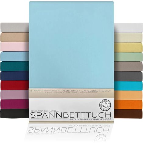 Drap-housse BEAUTEX en jersey de coton peigné premium 160 g/m², dimensions et coloris au choix, 180 x 200 cm, bleu clair, pour matelas standard. (1/2)