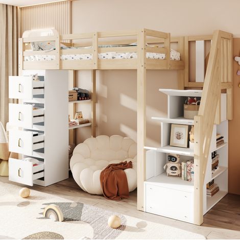 Letto a soppalco in legno massello color legno naturale 90x200 cm con testiera aperta, scala di sicurezza con cassetti, 4 cassetti e rete a doghe