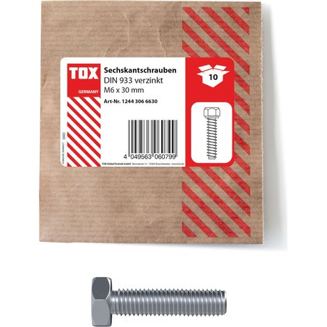 Vite a testa esagonale TOX M6x30, zincata, DIN 933, viti per macchine con filettatura intera e altezza testa ridotta, 10 pezzi in confezione di carta richiudibile ed ecologica, 12443066630 (1/5)