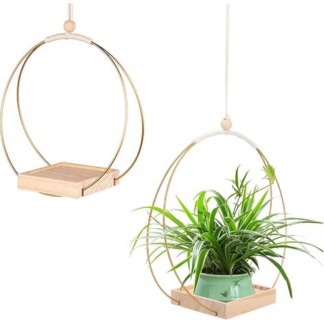 2 Pièces Pot Suspendu Plante Interieur Exterieur, Pots De Fleurs Suspendus Décoratifs, Boho Moderne Suspension Plante Intérieure, Palette en Bois 5, avec Crochets(Or) (1/5)
