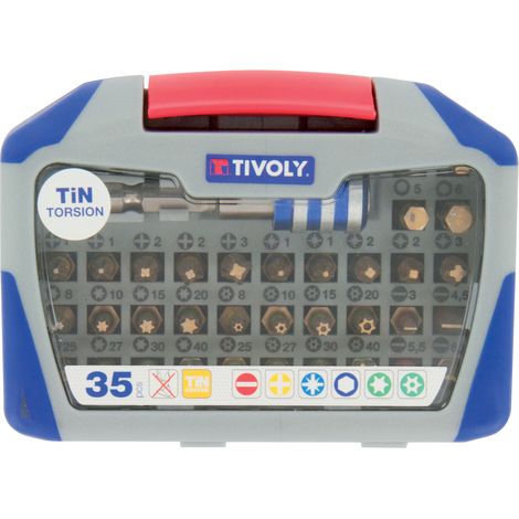 Tivoly • Coffret 35 pièces -34 embouts torsion revêtus TiN + 1 porte-embout magnétique Quick change
