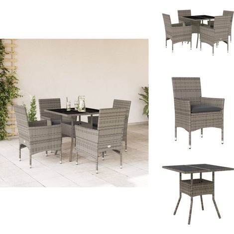 5-tlg. Garten-Essgruppe mit Kissen Grau Poly Rattan und Glas - Gartentisch - Gartenmöbel Set - Gartenlounge - Outdoor Möbel - Rattan Gartenmöbel (1/5)