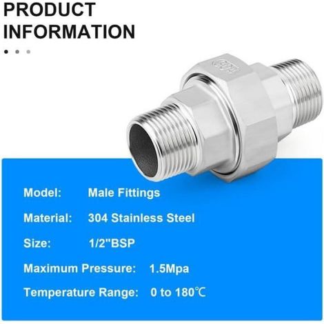 Raccord Tuyau - Union Filetée 1/2 Pouces BSP Mâle - Acier Inoxydable 304 - Pour Eau Huile Gaz - Lot de 2 (1/4)