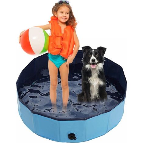 Bañera para perros - Piscina plegable - Refrescante para mascotas - Fácil desagüe lateral - 80 x 20 cm - Azul (1/5)