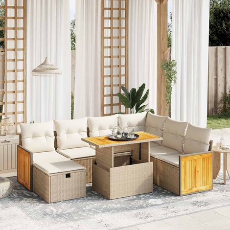 Ensemble salon jardin 8 places résine tressée beige avec coussins lavables - Table extensible et mobilier modulaire pour terrasse (1/4)