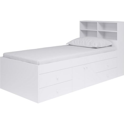 3 Feet Captain’s Cabin Single Bed with Bookcase Headboard - L214 x W96 x H100 cm - White - Assembly Required
