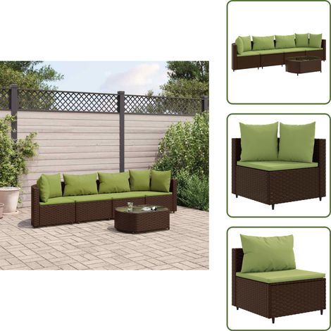 Tavolino da giardino - vidaXL Set Divano da Giardino 5 pz con Cuscini Marrone in Polyrattan - Rattan PE