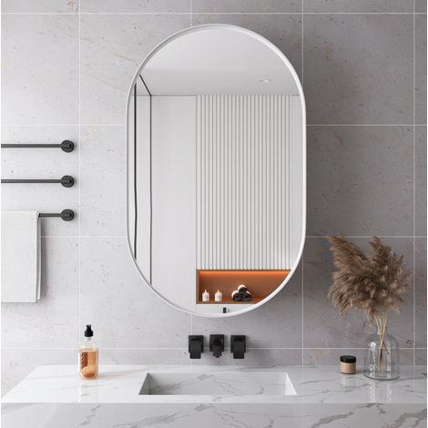 Armoire de toilette miroir ovale moderne en métal blanc, murale ou encastrable, 2 étagères réglables (1/5)
