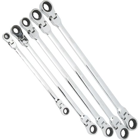 Jeu de 5 clés à cliquet à tête flexible, 72 dents, double douille cannelée. (1/5)