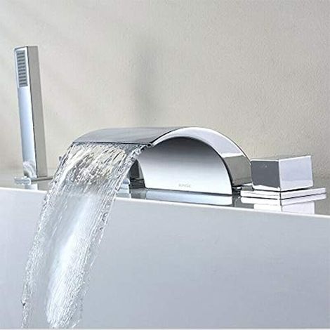 Wasserfallarmatur für die Badewanne – Aus Messing – 1/2" – Mit Handbrause – 5-Loch-Armatur + Duschkopf – Badewannenrandarmatur – Mischbatterie aus Messing (1/5)