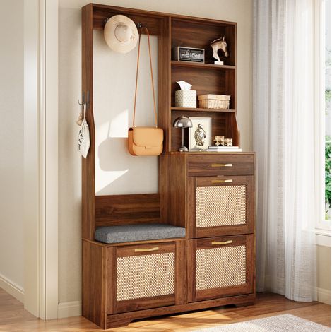 Armario de entrada multifuncional de 100x30x170 cm con banco, 3 compartimentos abatibles, cajón y ganchos, MDF efecto nogal. (1/5)
