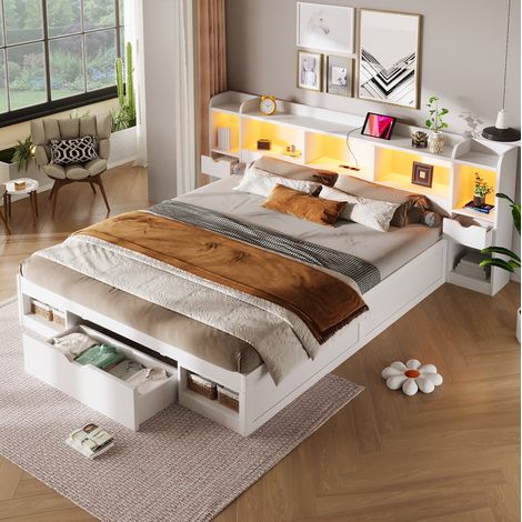 Letto matrimoniale 180x200 cm bianco con LED, testiera contenitore, 3 cassetti, vani portaoggetti e porte USB (1/5)