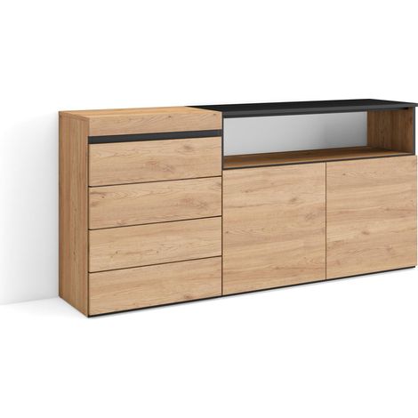 Skraut Home – Commode enfant chêne et noir – 4 tiroirs – Dimensions 56,7 x 33 x 75 cm – Ouverture à pression – Module de rangement moderne (1/5)