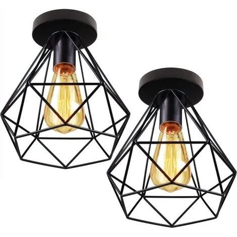 U-Do Plafonnier en Métal Noir E27 2Pcs Vintage Lampe de Plafonde éclairage Industriel pour Cuisine Couloir Salon (1/4)