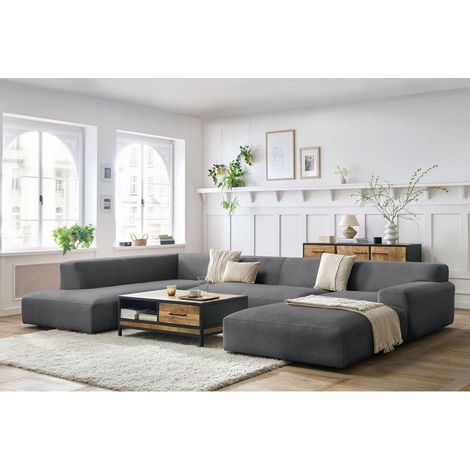 BOBOCHIC - Canapé panoramique fixe LAVENA tissu velours Angle droit  Gris foncé (1/5)