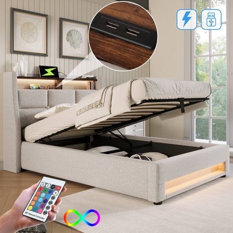 Lit rembourré LED 90x200 cm beige, lit simple avec USB, éclairage LED, sommier à lattes inclus, tête de lit capitonnée, coffre de rangement, sans matelas (1/5)