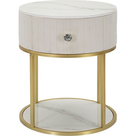 Comodino rotondo Montpellier in ecopelle crema e ferro dorato — Ø 42x48 cm (1/5)
