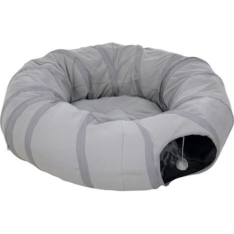 Tunnel rond pour chat intérieur, couchette avec coussin gris, pliable, 90 cm de diamètre, 27 cm de haut, avec trous pour balles et hublot (1/5)