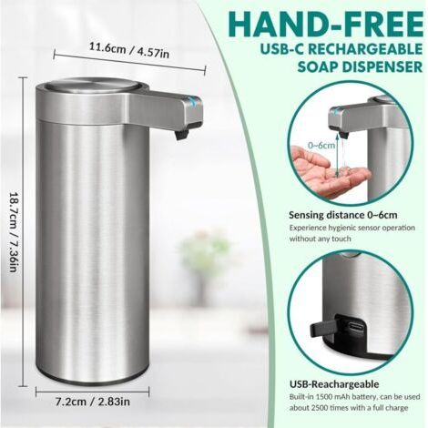 Dispenser di sapone automatico in acciaio inox con sensore a infrarossi, impermeabile IPX5, ricaricabile tramite USB-C con sensore di movimento (argento spazzolato) (1/3)