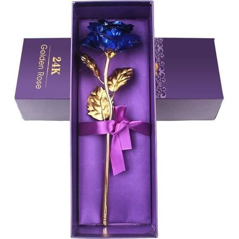 Véritable rose recouverte d'une feuille d'or 24 carats Cadeau idéal pour la Saint-Valentin ou le mariage, bleu, 10 inches (1/4)
