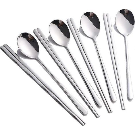 Koreanisches Essstäbchen- und Löffelset aus Edelstahl, 4-teiliges 8er-Pack silbernes Besteck für asiatische Küche (1/5)