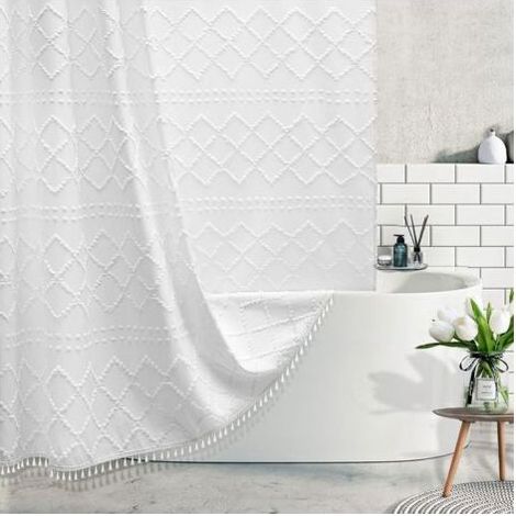 Rideau de Douche Extra Long en Tissu tissé texturé de Style bohème avec Pampilles – Rideau de Douche Moderne et Minimaliste à Rayures – Style Rustique Rustique – Style Shabby Chic – Rideau en Tissu (1/5)