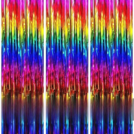 Ensemble de trois rideaux métalliques à pompons dégradés arc-en-ciel, 1 mètre x 2 mètres, rideaux en feuille scintillante avec décoration à paillettes dégradées. (1/5)