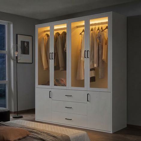 Armoire 160x50x200 cm avec 4 portes transparentes et penderie Moderne - Verre et Bois - Blanc