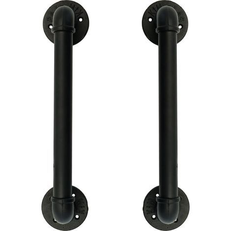 Ensemble de 2 poignées de porte industrielles en tuyaux, barre d'appui, poignées de porte de grange, main courante rustique antique en fonte, noire, 50 cm de long (32D, 45L) - RW (1/5)
