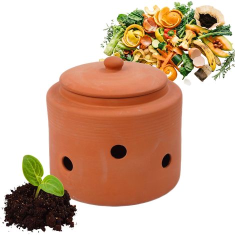 Vermicomposteur à enterrer, 3 L, déchets de Cuisine, Couvercle, composteur pour Jardin et Potager, Terre Cuite (1/5)