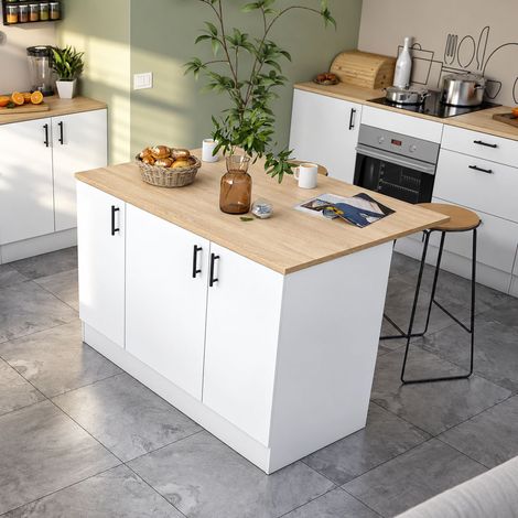 Îlot de Cuisine Siha, Armoire de Rangement 3 Étagères, 6 Compartiments, Portes Battantes, 138x94x90h cm Blanc Brillant (1/5)