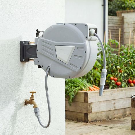 Enrouleur Tuyau Arrosage Mural 20+1,6m x Ø 15mm, Dévidoir de Tuyaux d'Eau Rétractable Automatique Pivotant à 180°, Gris (1/5)