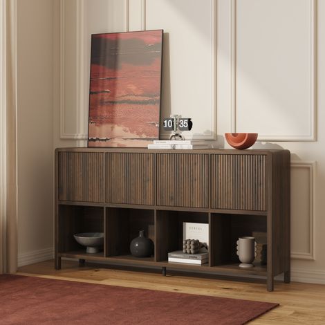 Credenza Bassa Lukkodso con 4 Ante e Scomparti Aperti 77x145x30 cm Effetto Noce [en.casa] (1/5)