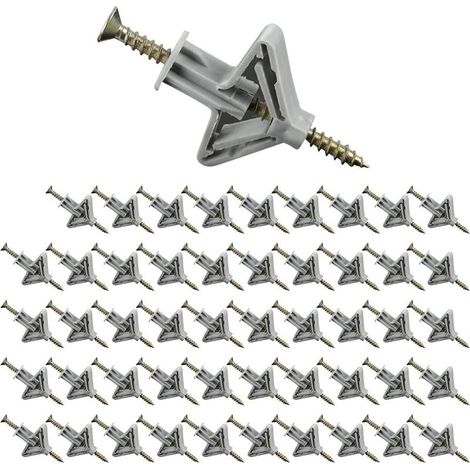 Lot de 100 chevilles pour plaque de plâtre - 50 chevilles pour cloison sèche avec 50 vis en acier inoxydable - Vis à expansion en spirale pour plaque de plâtre (gris) (1/4)
