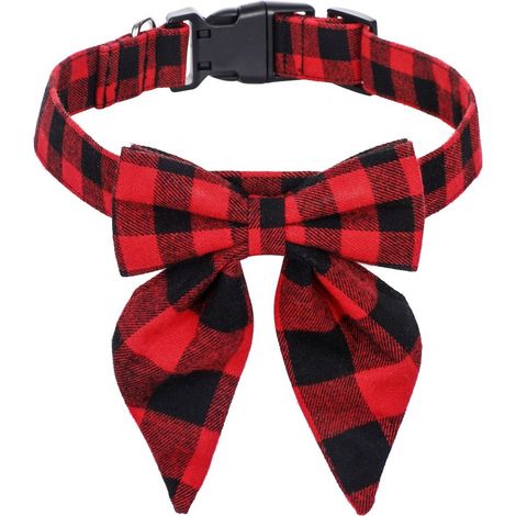 Collier de Noël pour chien avec nœud papillon, en nylon, à carreaux rouges et noirs, ajustable, pour grands chiens (taille M, 2,5 x 50 cm). (1/3)
