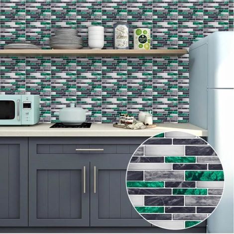 10 Pcs Stickers Carrelage Rectangulaire Vert Gris Mosaïque 30x15cm Auto-adhésif Autocollants Carreaux Tuile pour Salle de Bain Cuis (1/4)