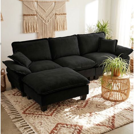 Divano angolare 263x151x90 cm nero in ciniglia con pouf mobile e design modulare (1/5)