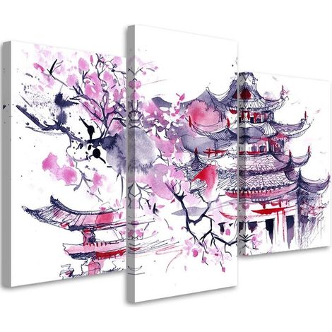 Stampa su tela 3 parti, Pagoda giapponese dipinta e fiori di ciliegio - 60x40 (1/4)