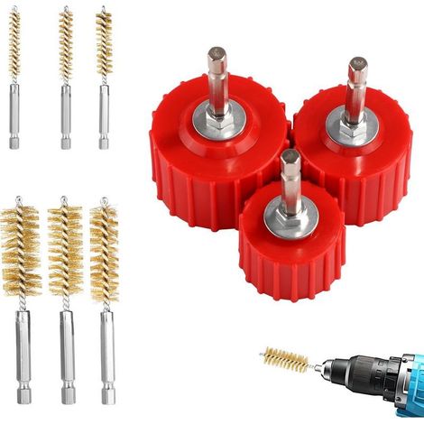 9pcs Ensemble Nettoyeur de Tuyau en Cuivre pour Perceuse Électrique, 3 Brosse de Nettoyage Tube 1/2" 3/4" et 1" et 6 Brosses à Alésage en Fil Laiton pour Perceuse Tubes Cuivre (1/5)