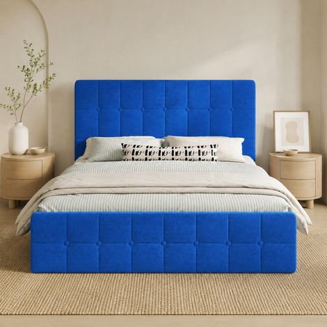 DESMIU Lit adulte 140 × 200 cm 2 places avec tête de lit capitonnée, sans matelas, en velours, bleu (1/5)