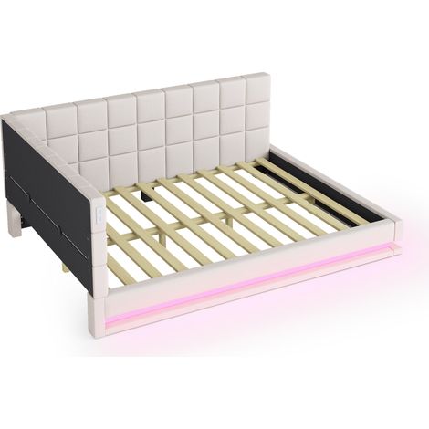 Cama tapizada 160 x 200 cm de tela beige con LED, USB y somier de láminas (1/5)