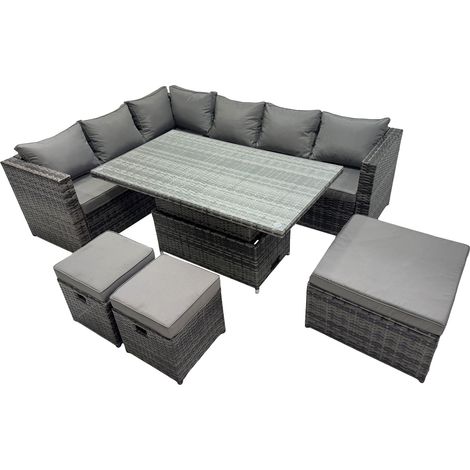 Fimous 9-seater Height Adjustable Rising Lifting Table Corner Sofa Set Rattan Garden Furniture Dining Set with 3 Stools Dark Grey Mixed (1/5)