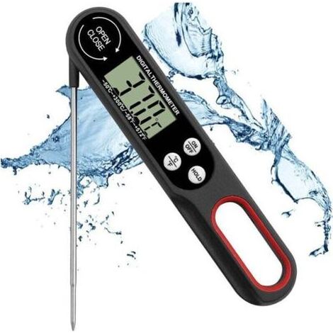 Thermomètre Viande Pliable Thermomètre Cuisine Numérique Thermomètre à viande avec Grande écran LCD et Sonde Pliable pour BBQ Cuisson Buf Viande Steak Lait Vin-Noir,15cm (1/5)