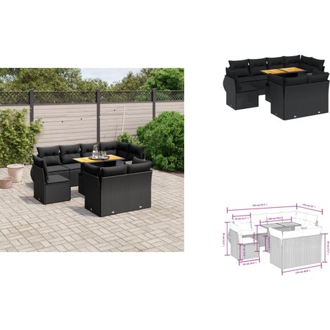 Salon de jardin 9 pcs avec coussins noir résine tressée - Ensemble Salon De Jardin - Meuble Extérieur - Résine Tressée - Rotin Synthétique - Table Extensible (1/3)