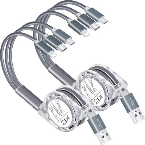 Cable De Chargement Rétractable USB 3-en-1 - Type C Micro USB - 1,2 M - Pour Téléphones Et Tablettes - 2 Pièces